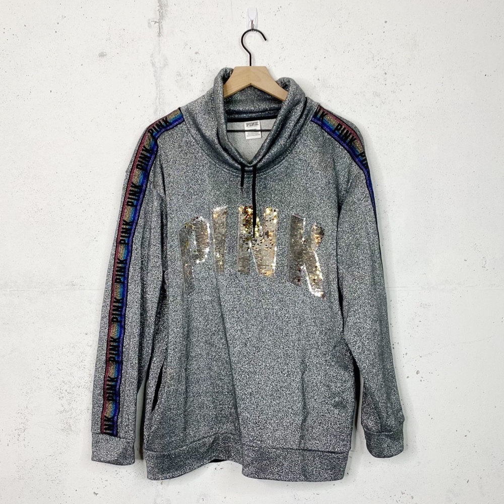 PINK Victoria’s Secret Glitter Spell Out Cowl Neck Sweatshirt Size Large